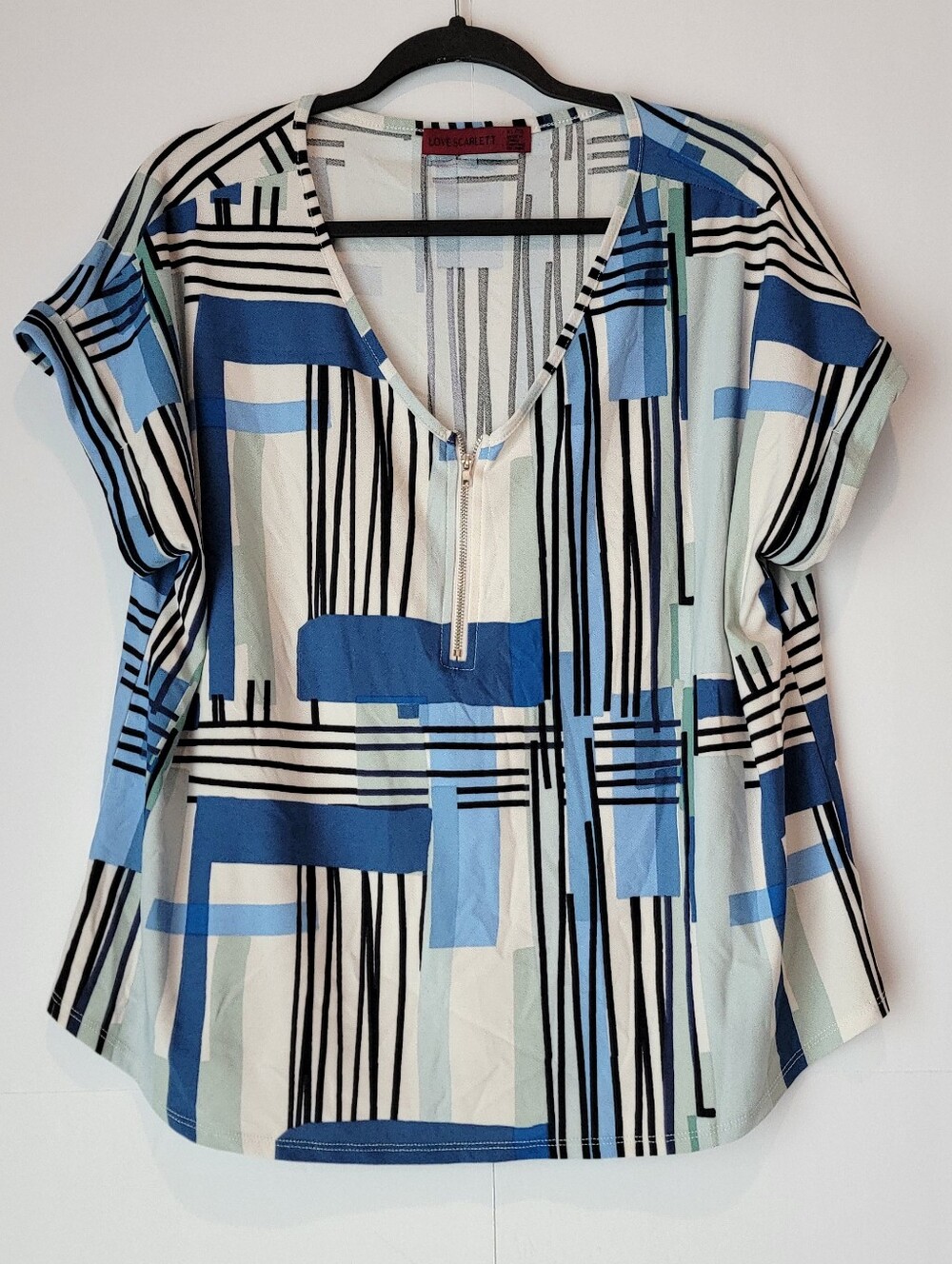 Love Scarlett XL Blue Geometric Quarter-Zip Short Sleeve Top